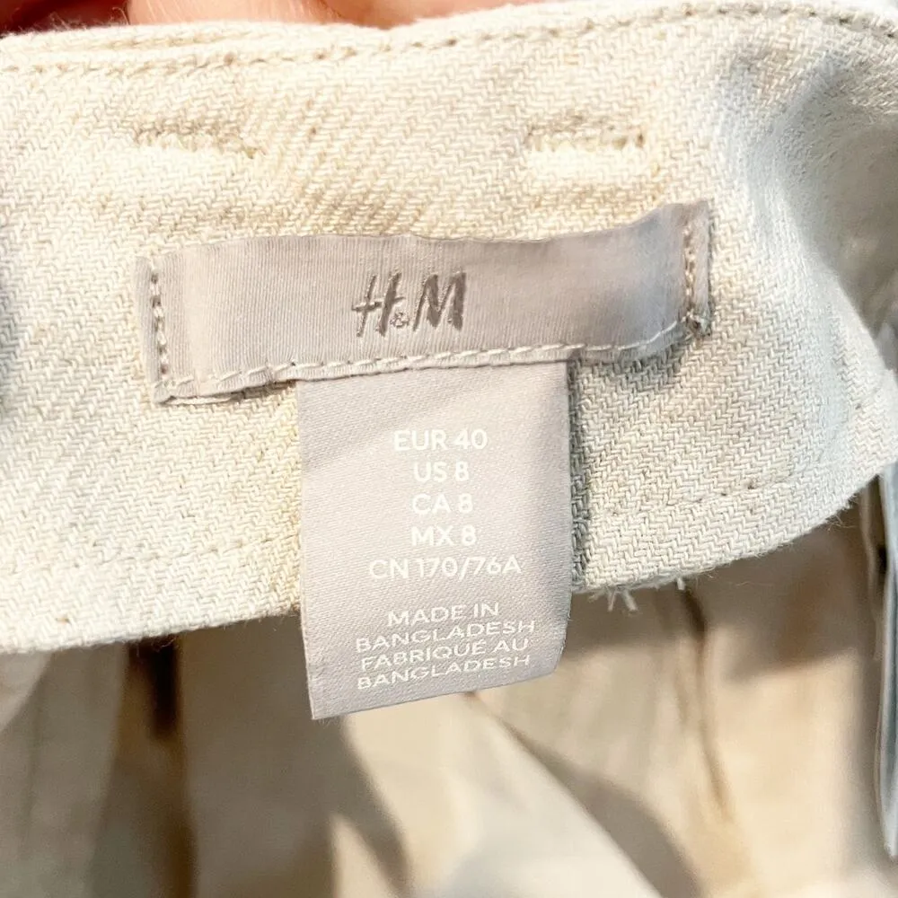 H&M High Rise Pleated Front Linen Wide Leg Ankle Pants Cream 8 - Image 3