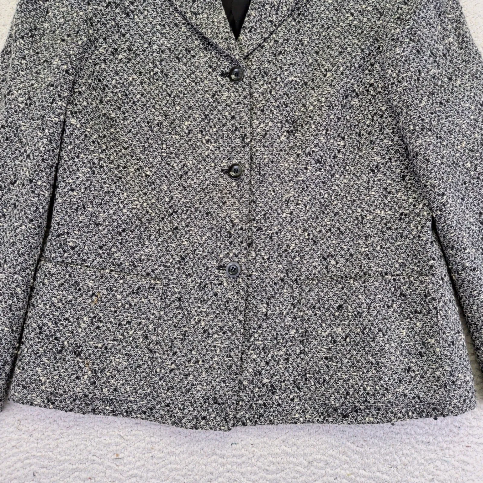Vtg JONES WEAR Women's Blazer 14 Black White Tweed Collar Button Front Jacket - Image 4