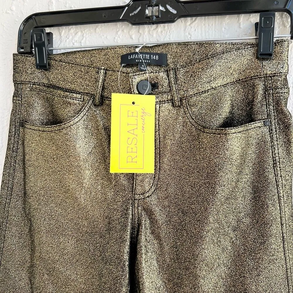 Lafayette 148 New York leather Mercer pants metallic finish 0 gold black - Image 3
