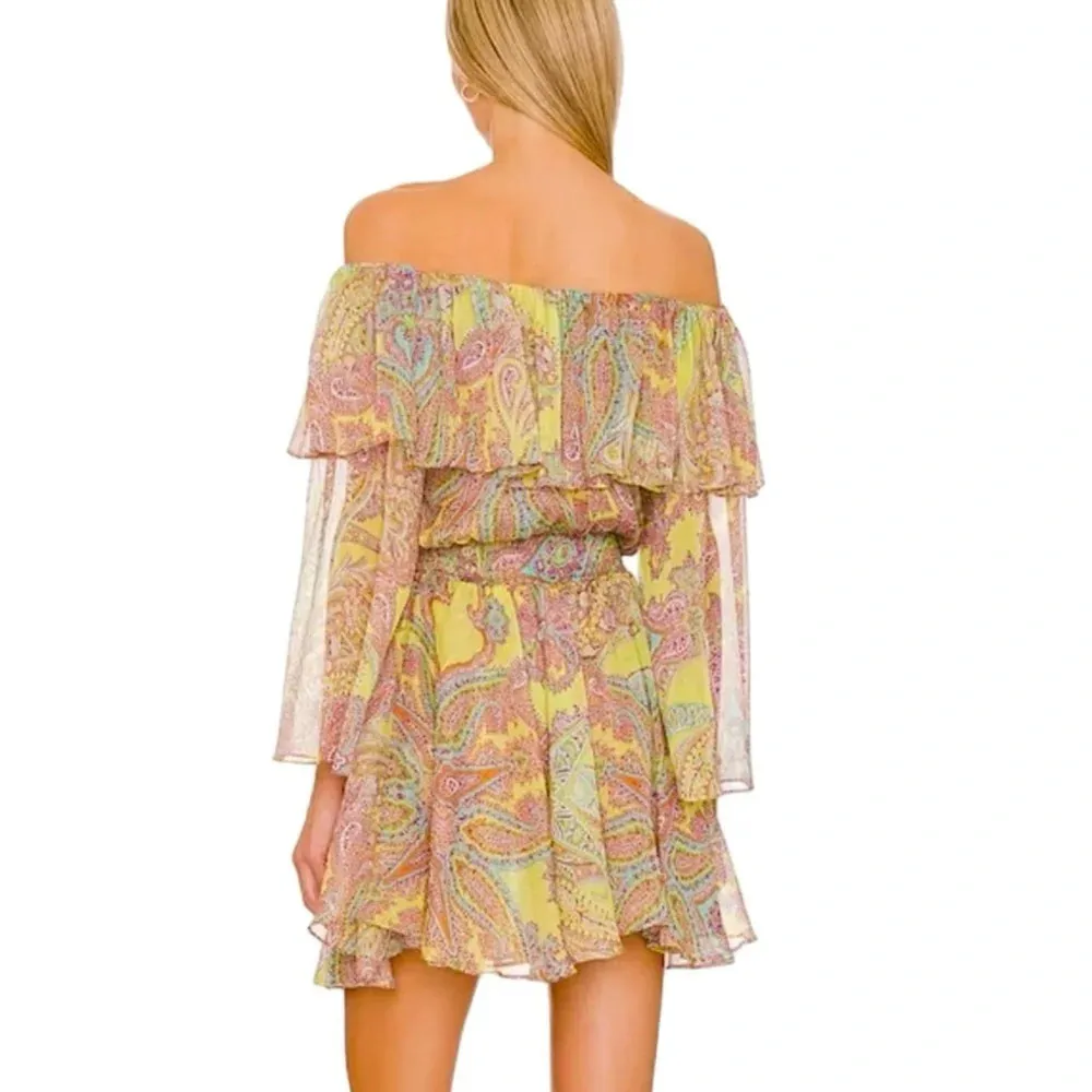 Misa Pamela Off Shoulder Mini Dress in Ischia Neon Yellow Paisley Size S NWT - Image 2