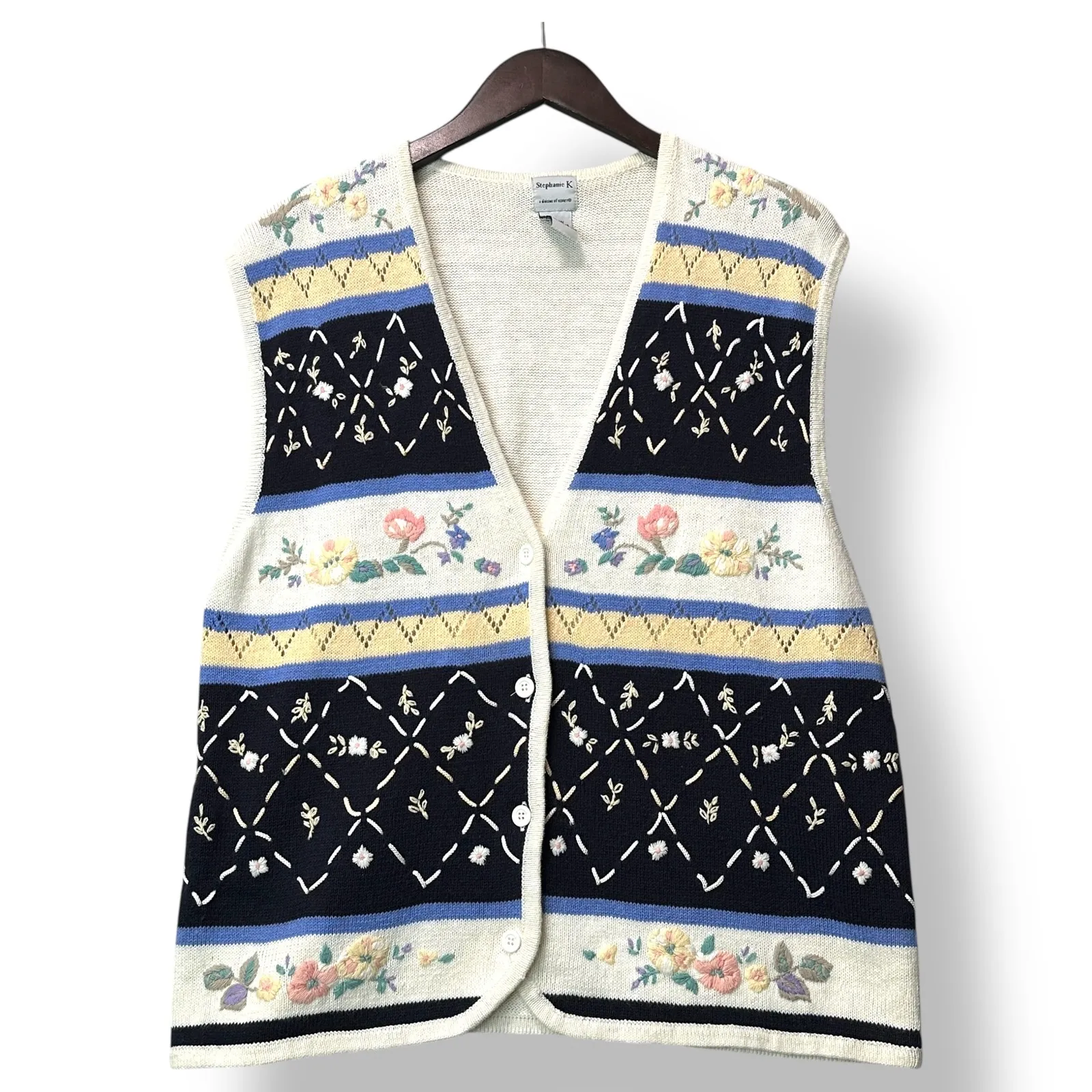 Vintage Stephanie‎ K Knit Floral Sweater Vest Sz L Grandmacore Cottagecore Retro Size L - Image 2