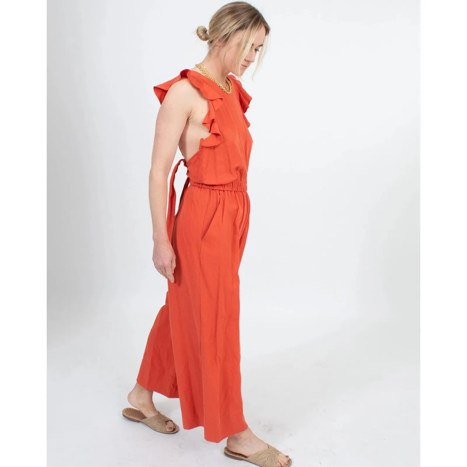 ULLA JOHNSON ORANGE LINEN BLEND OPEN CROSS-BACK ANKLE JUMPSUIT SZ 4 - Image 3