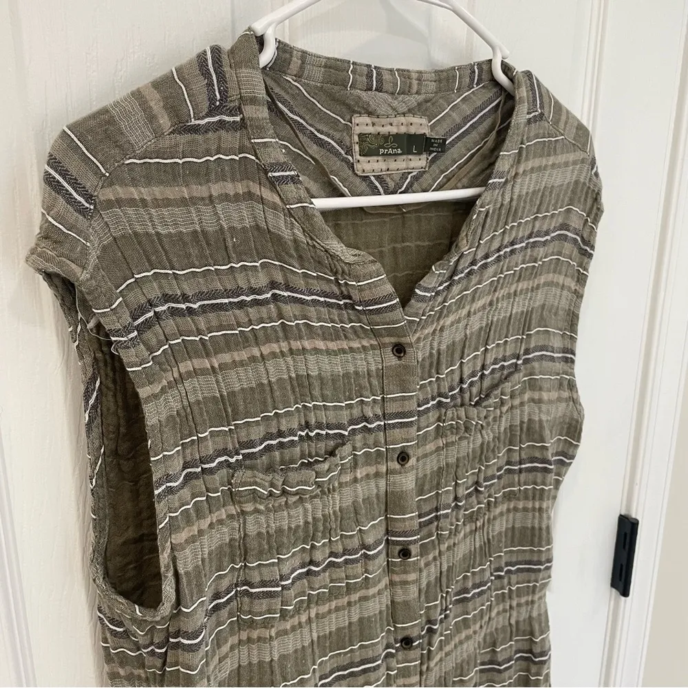 PrAna Button Down Army Green and Tan Shirt Dress Women’s Size Large - Image 3