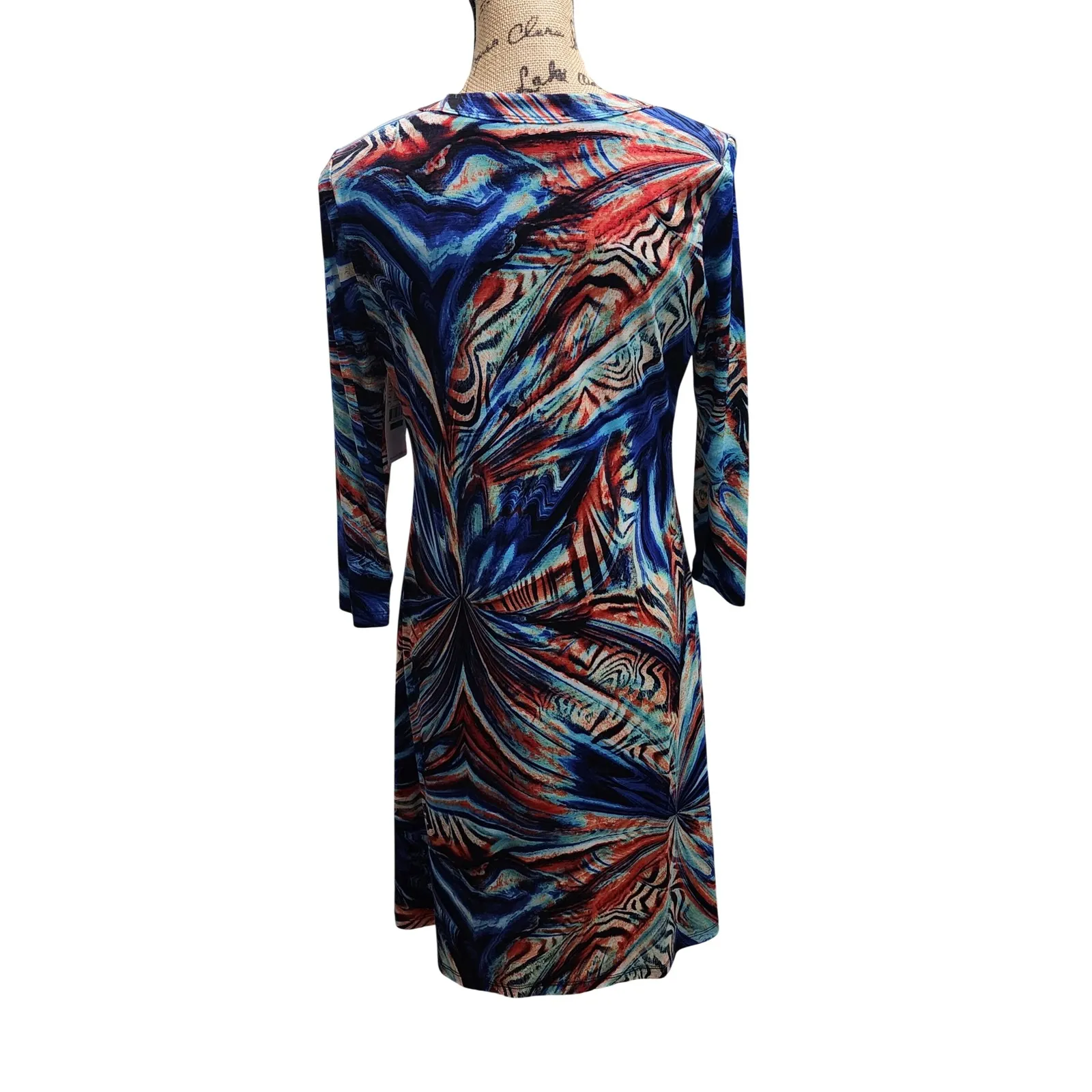 Karen Kane Art and Soul T Shirt Dress Blue Red Abstract Print Long Sleeve Size L - Image 5