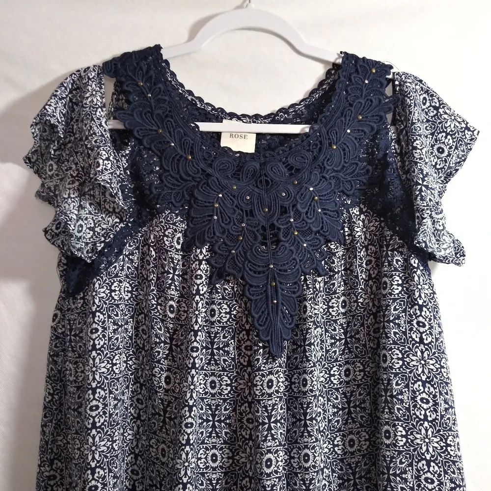 Knox Rose Blue Floral A Line Embroidered Lace Cold Shoulder Dress Size L - Image 3