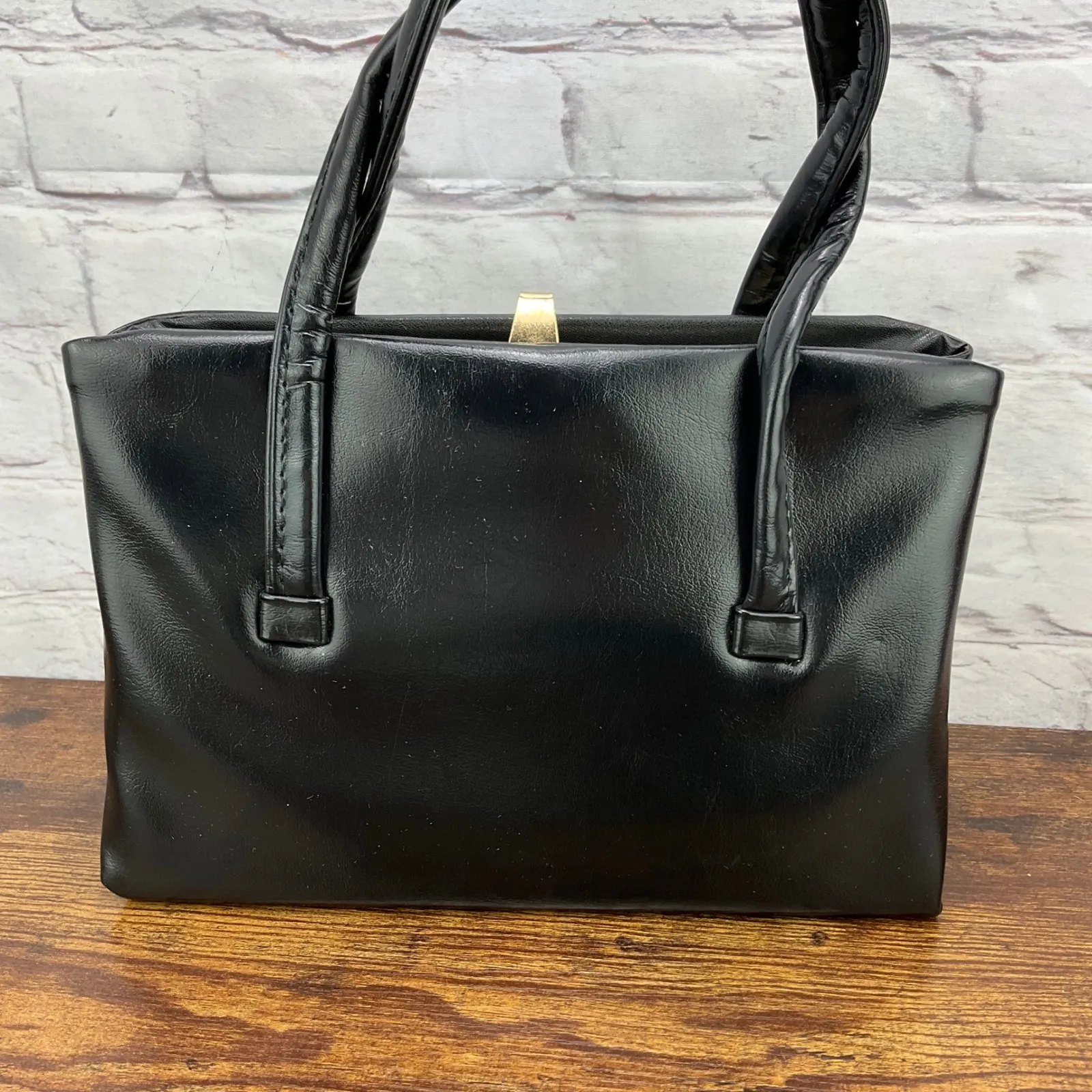 Vintage Handbag Black Top Handle Structured Purse Classic Satchel Small - Image 2