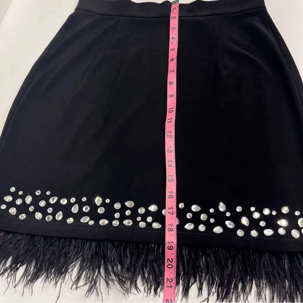Imperfect Cartise sample skirt fringe feather rhinestone back zipper sz 6 8 med? Black - Image 10