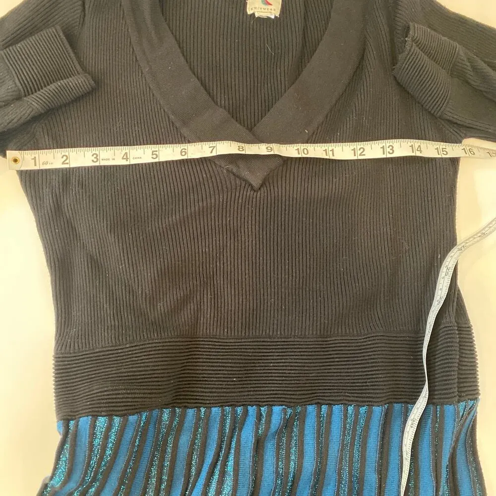 Yumi Black Metallic Blue Tea Length Knit Sweater Dress Stretchy Sz M Pleated Size M - Image 10