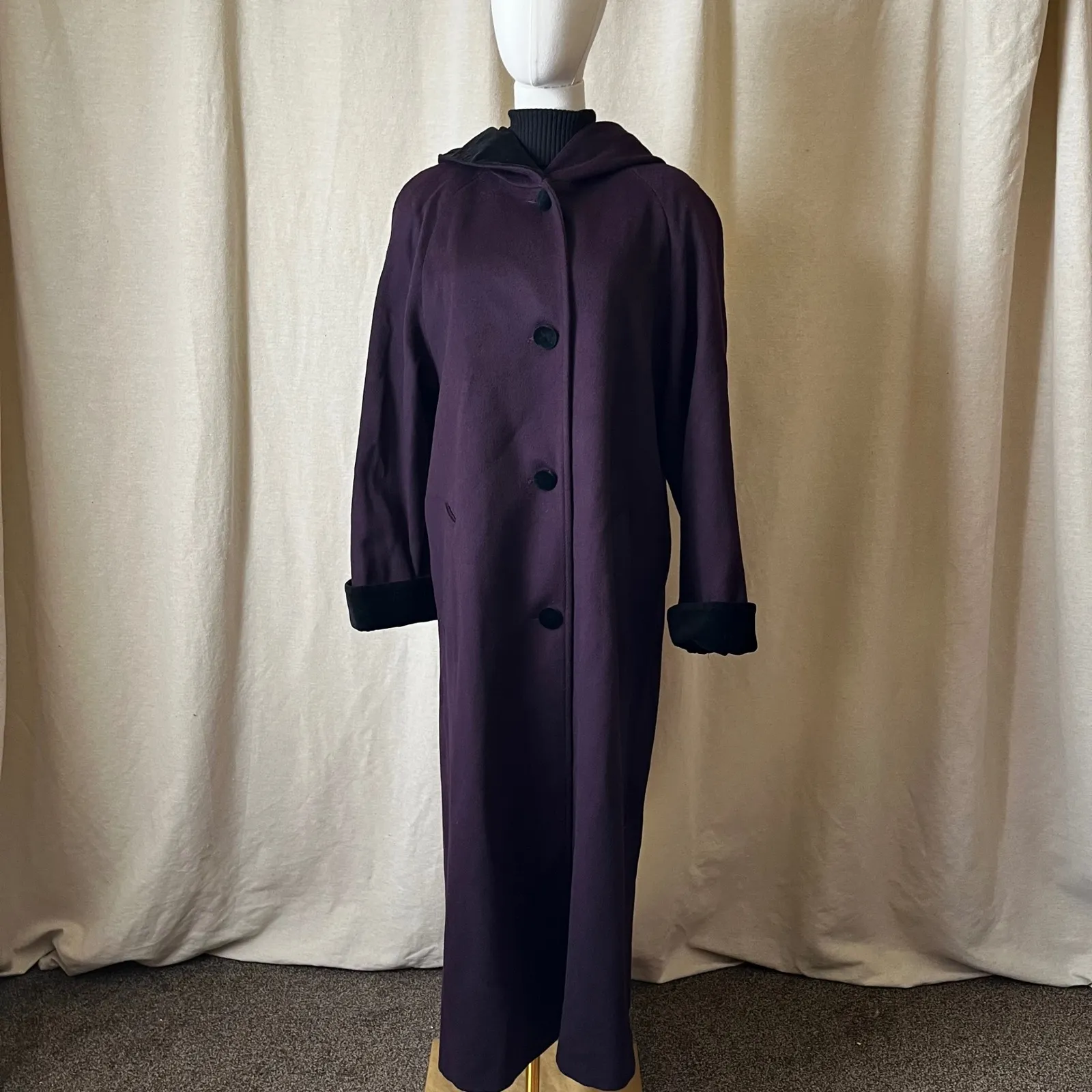 Vintage MDP Mario De Pinto Plum Purple Hooded Pure Wool Long Coat M 8/10 - Image 2