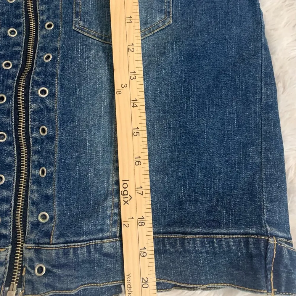 Denim Jean Jacket Eyelet Detail Ladies Sz XL Buttons Moto Blue - Image 7