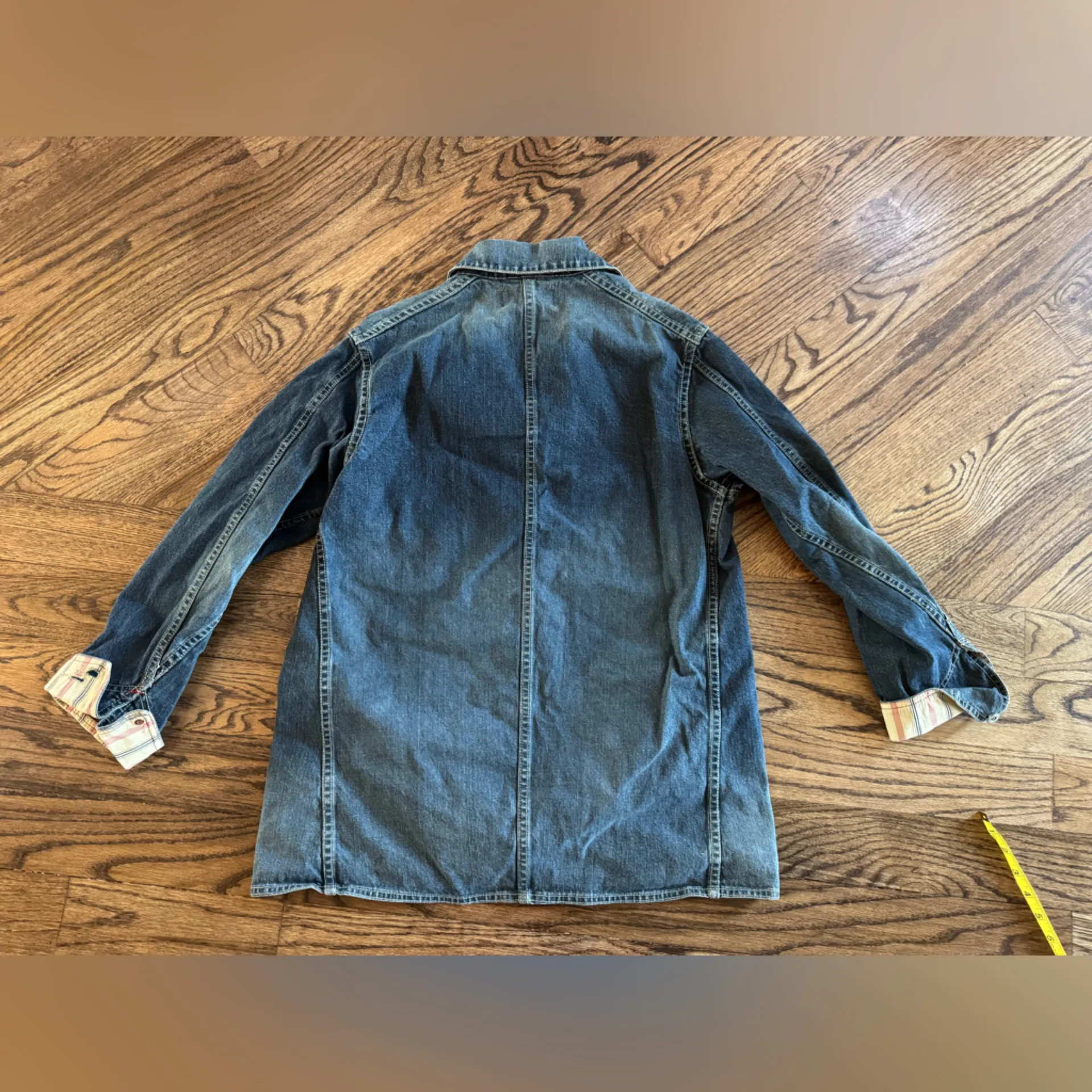 Sundance Barn Chore Coat Denim Vintage Dark Wash Americana Western Medium Stripe - Image 7