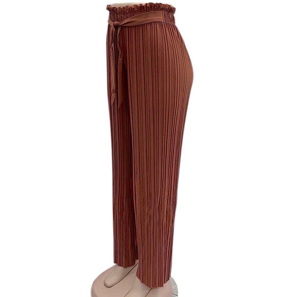 New Mix Rust Wide Leg Pleated Pull On Tie Waist Lightweight Pants Womens Medium - Image 6