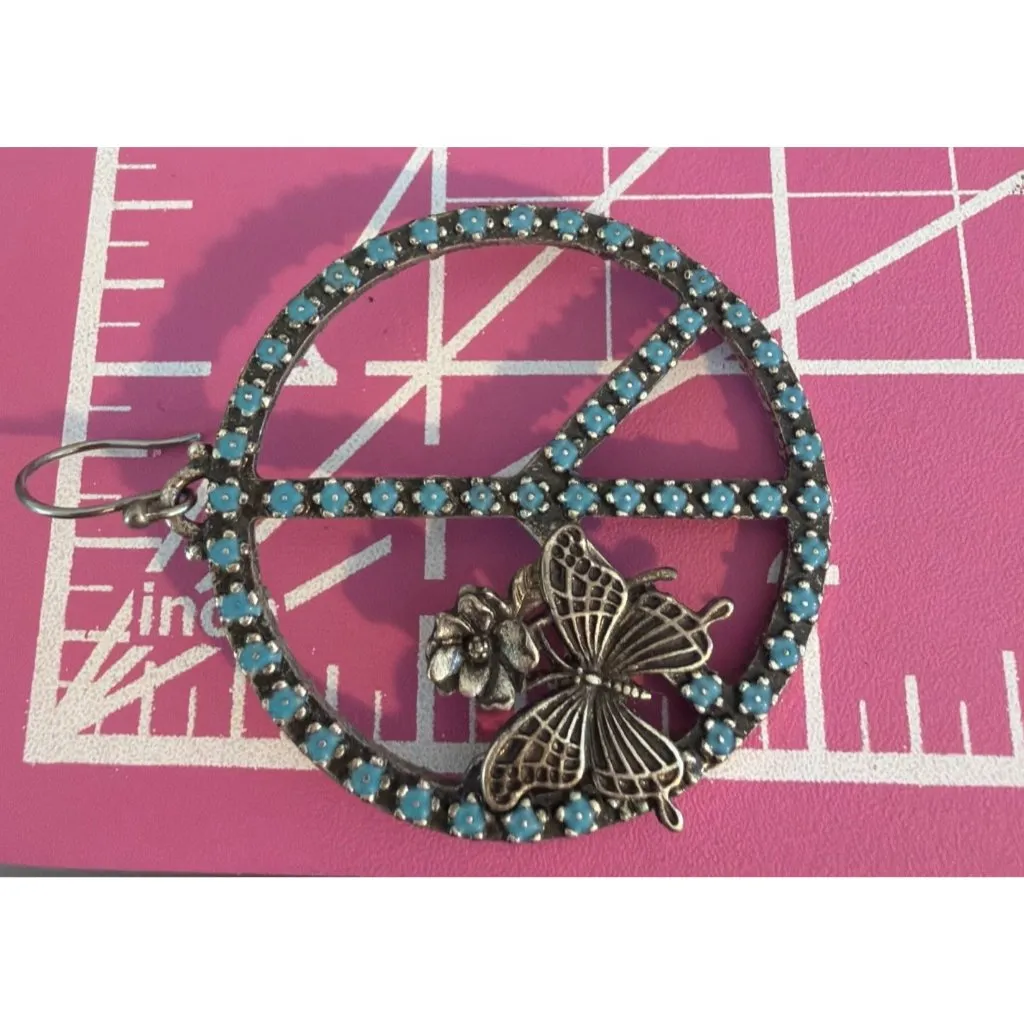 Silver Tone Turquoise Enamel Dangle Earring Peace Sign Butterfly Hook 2" Flower Blue - Image 5