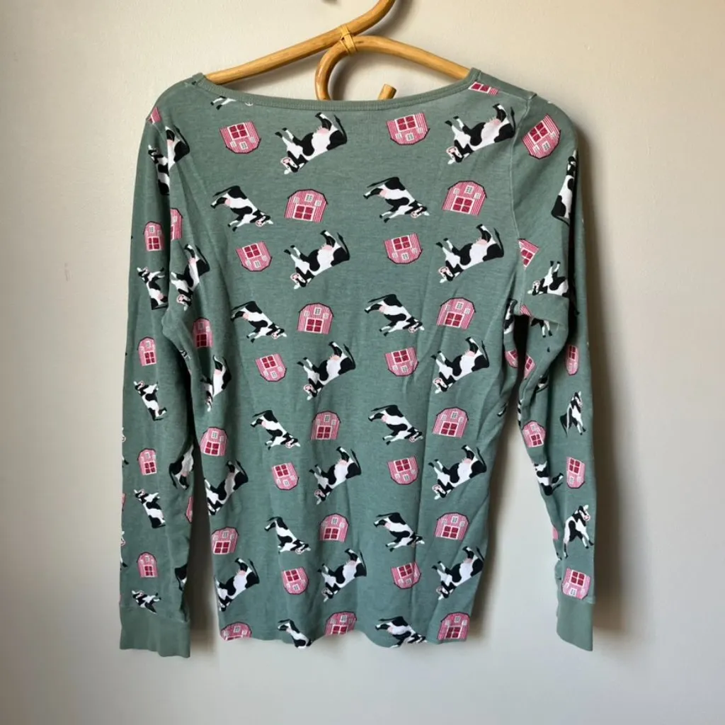 Leveret Two Piece Organic Cotton Pajama Set Cow Print Green Women's Medium - Image 4
