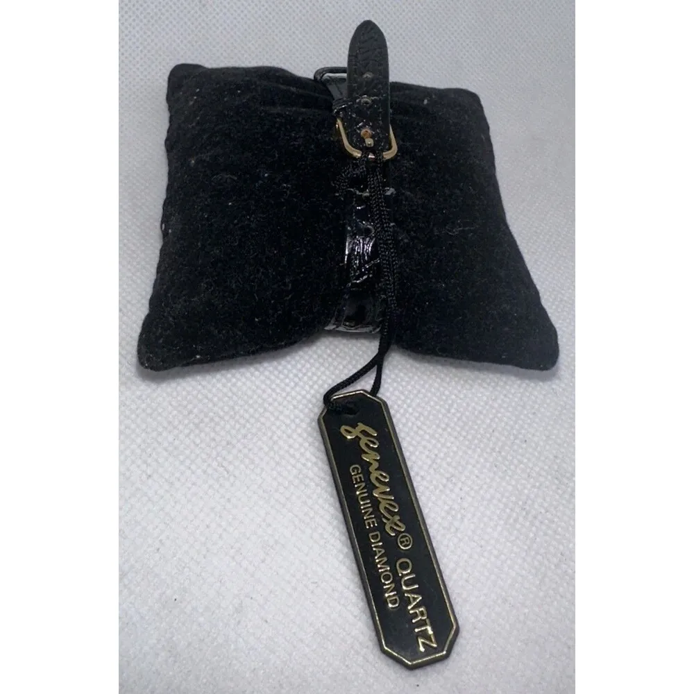 Genevex Ladies 26MM Watch Gold Black Diamond Dial Black Leather Band - Image 4