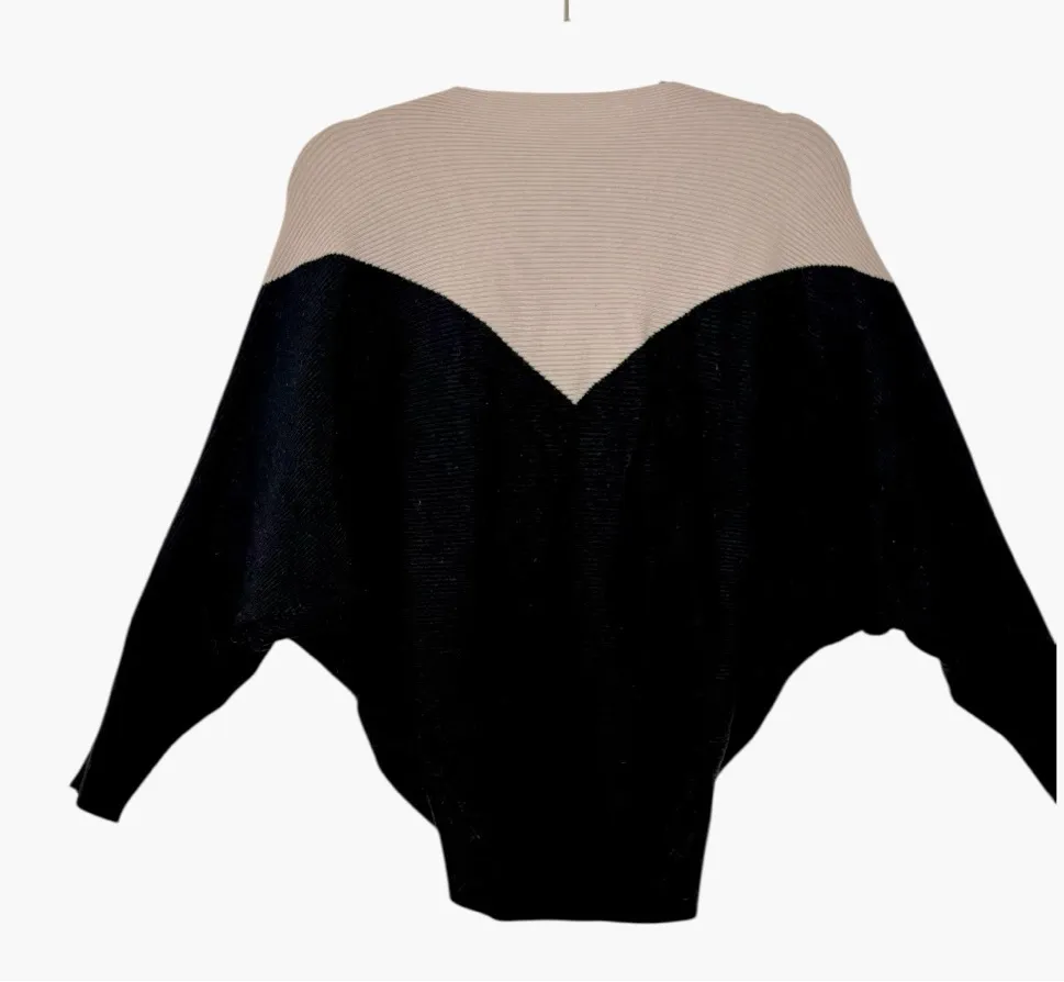Black Cream Colorblock Dolman Sweater Batwing Sleeve Knit Top Medium - Image 1