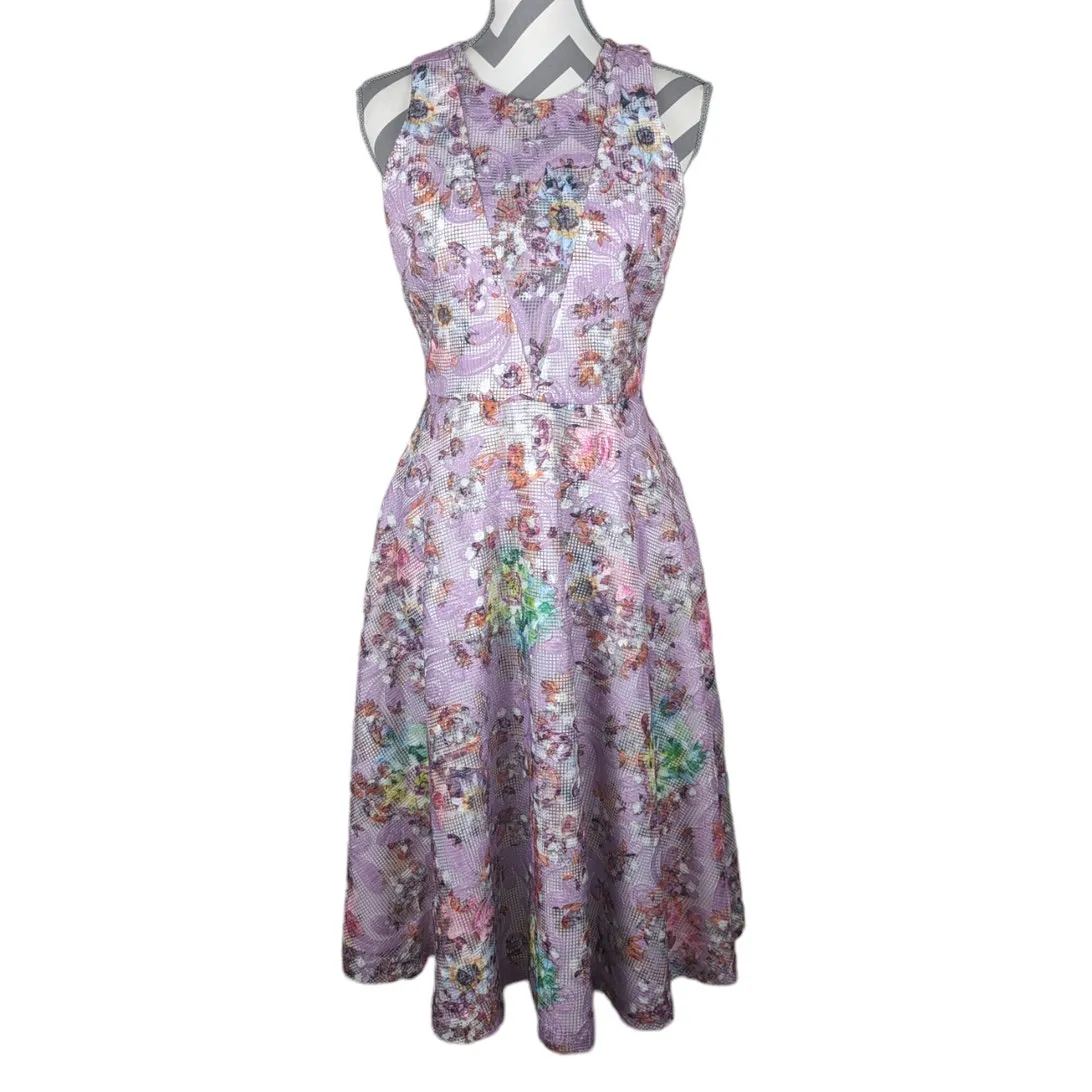 BADGLEY MISCHKA BELLE Nadia Dress Floral Sleeveless A-line Cocktail Lilac Size 6 - Image 14
