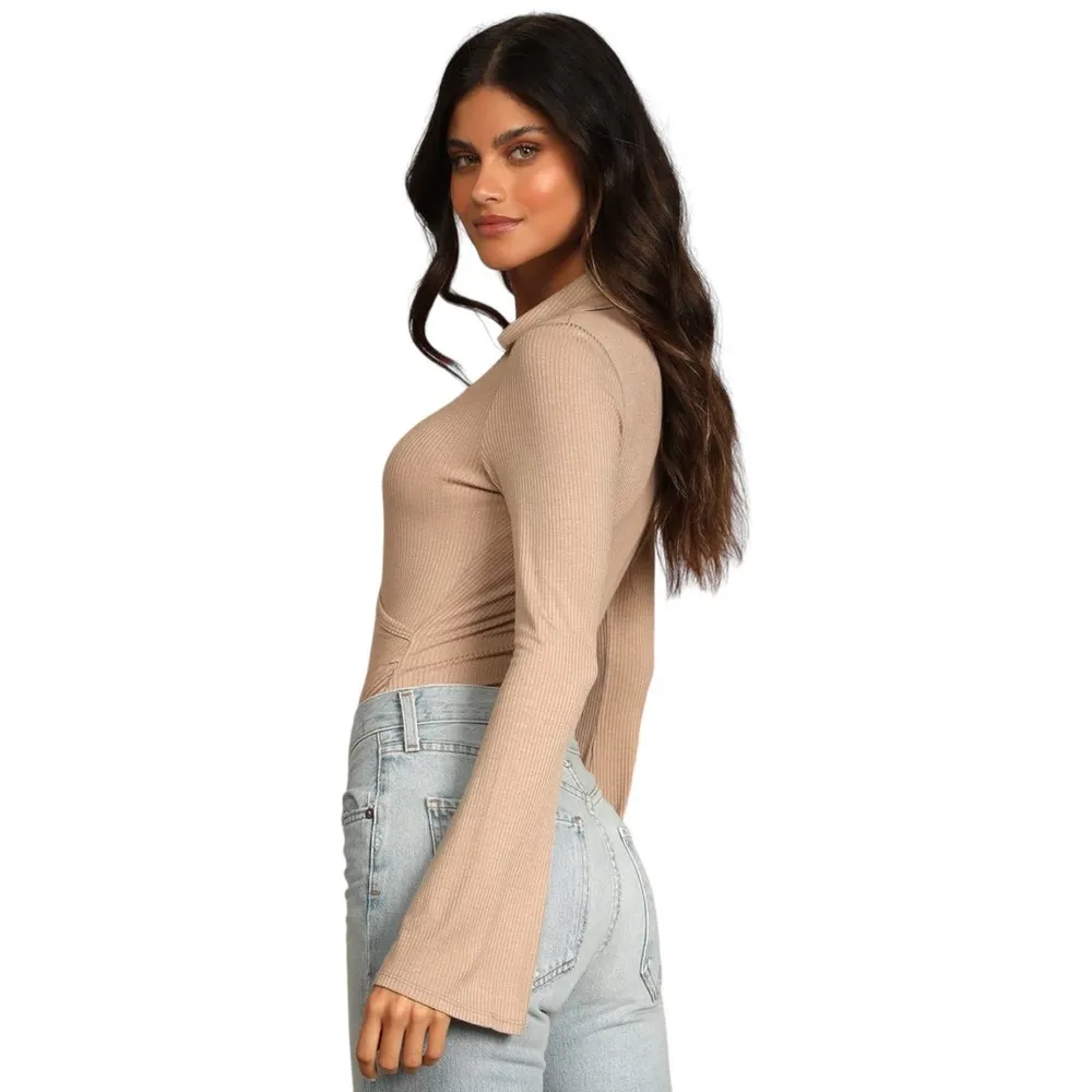 Lulu’s Head to Class Beige Ribbed Collared Long Sleeve Bodysuit - Small - Image 9