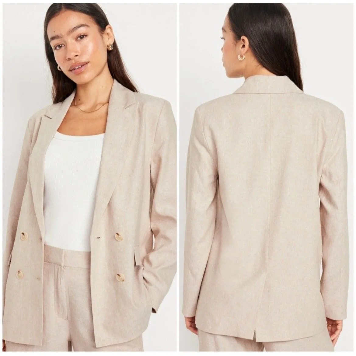 Old Navy Blazer Womens Medium Beige Linen Blend Double Breasted Oversized - Image 3