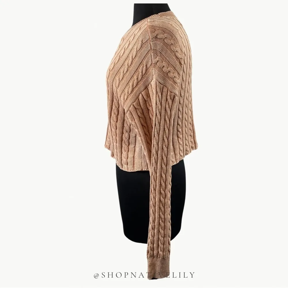 NWOT Aerie Women’s Mini Cable Cropped Knit Long Sleeve Sweater Sz Medium, Tan - Image 7