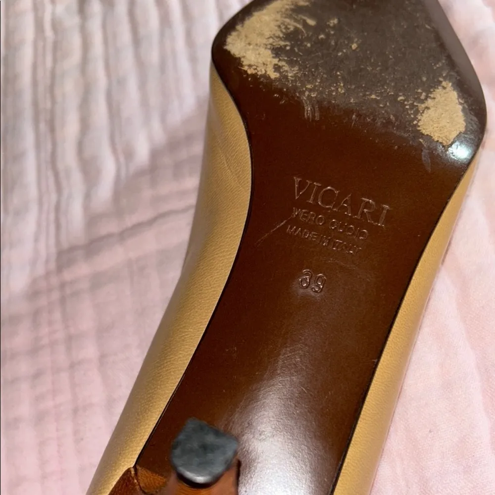 Vicari Size 8 Tan Leather Color Block Kitten Heels - Image 11
