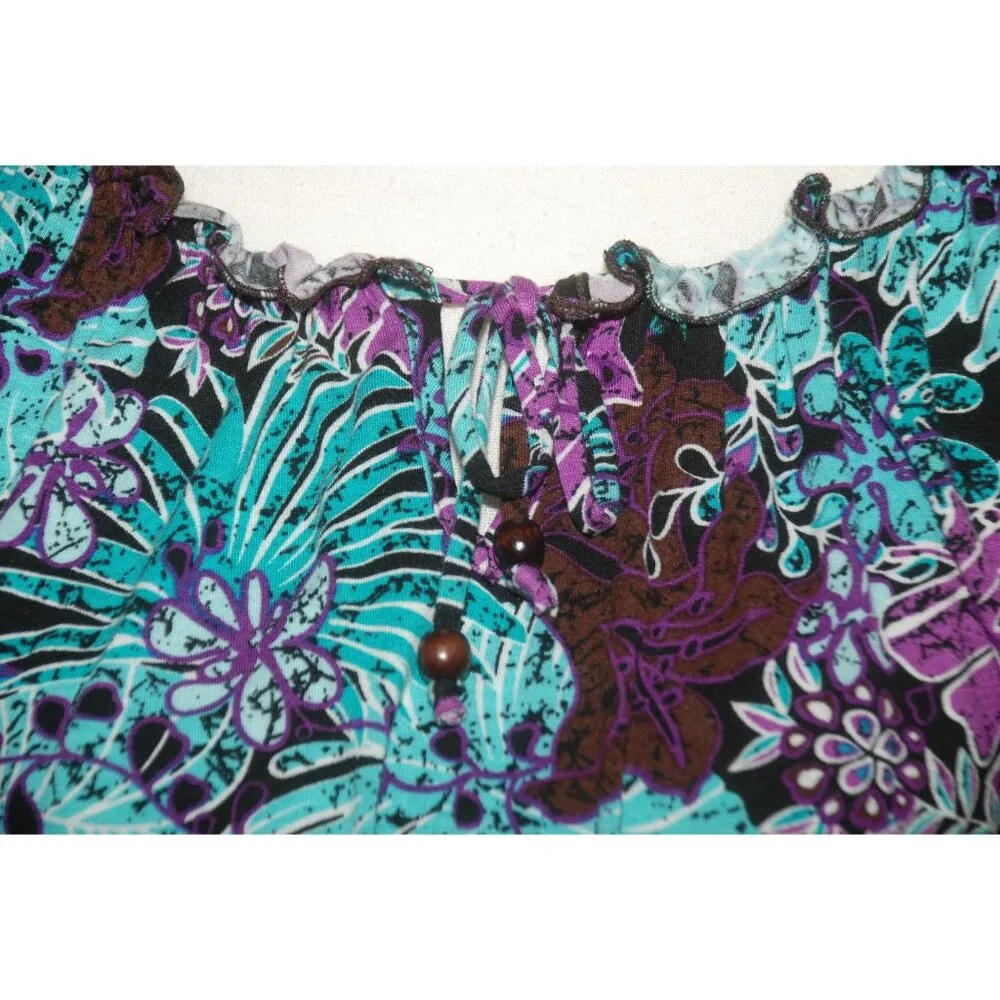 Lori Michaels Colorful Palm Print Top Blouse Size S Crop Short Sleeve Elastic Wa - Image 3