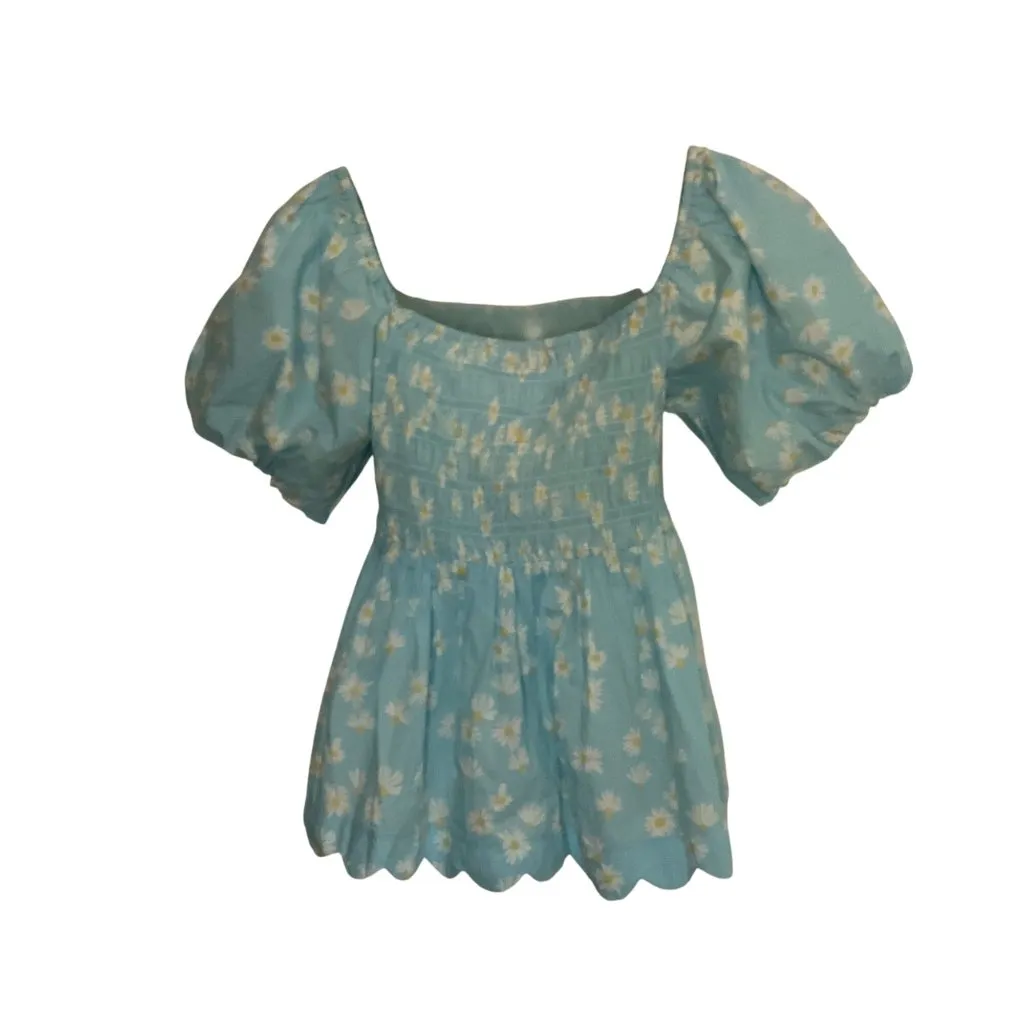 Simply Southern Blue Daisy Print Smocked Off-Shoulder Top L Cotton Scalloped Hem - Image 2