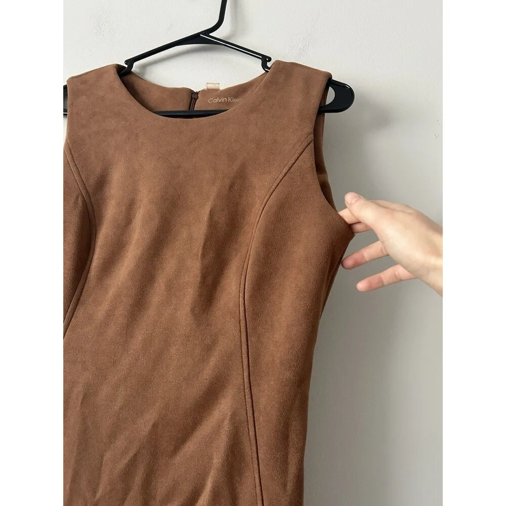 Calvin Klein Sleeveless Brown Suede Sheath Dress Size 10 Chic Designer Workwear - Image 8