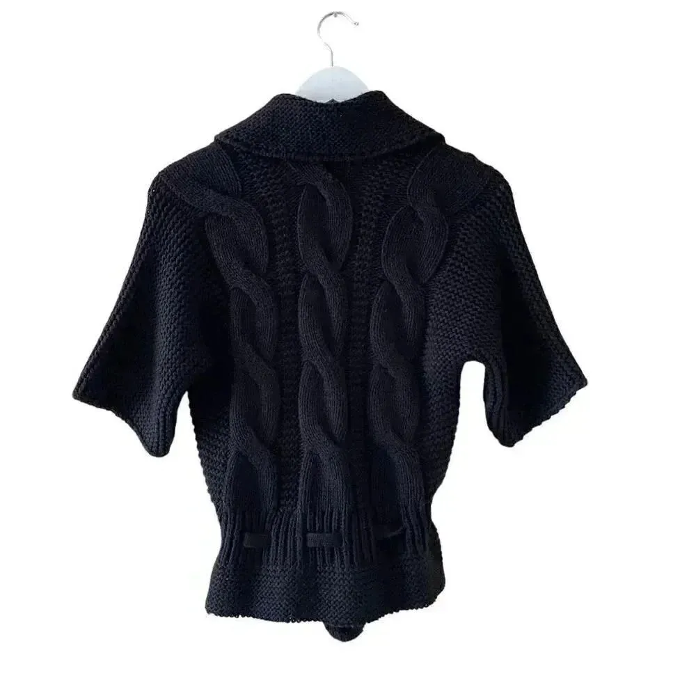 Black Knit Open Front Tie Snap Button Closure ¾ Sleeves Sweater Women’s Cardigan Size M - Image 5