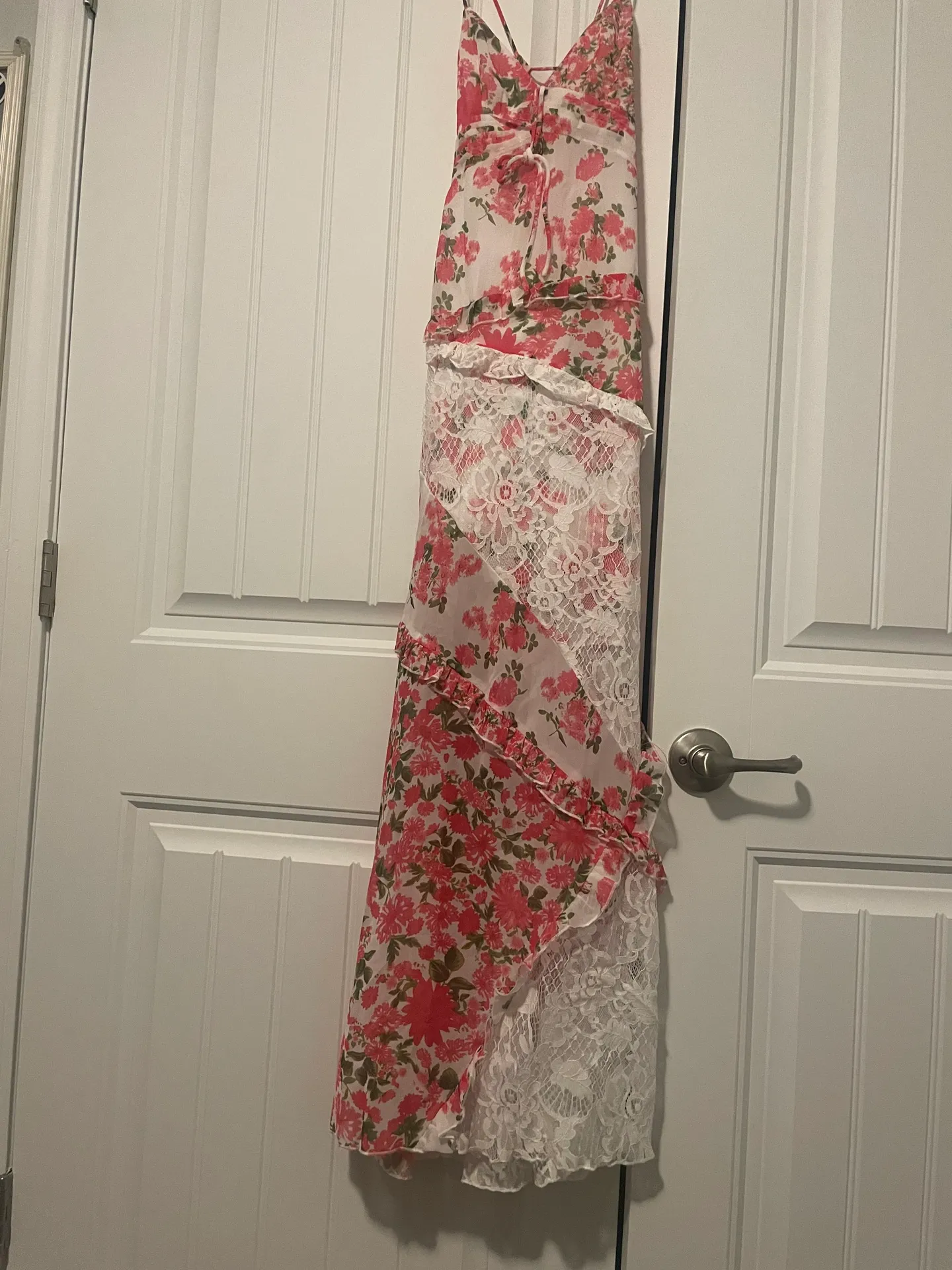 Ditsy Floral Print Deep V Neck Lace Patchwork Backless Slip Maxi Dresses - Image 3