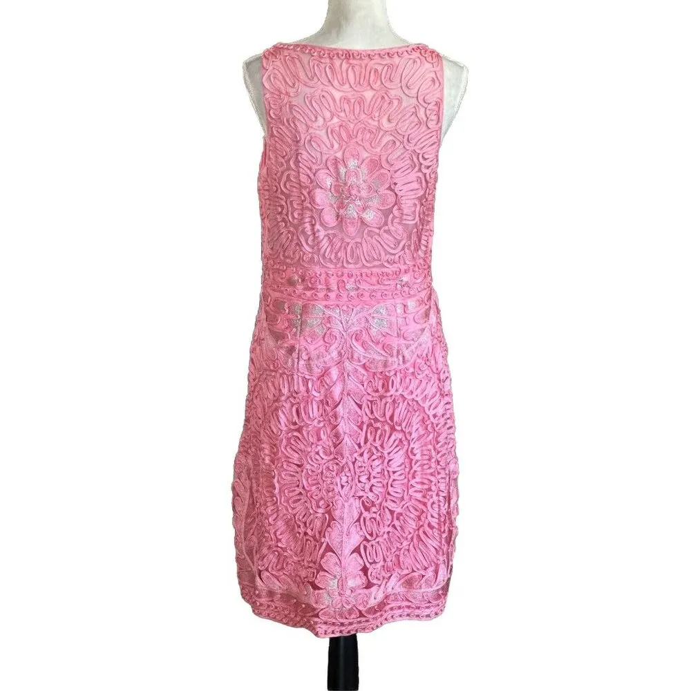 Sue Wong Cocktail Dress Sz 12 Lace Pink Floral Geometric Glam Shimmering FLAW - Image 15