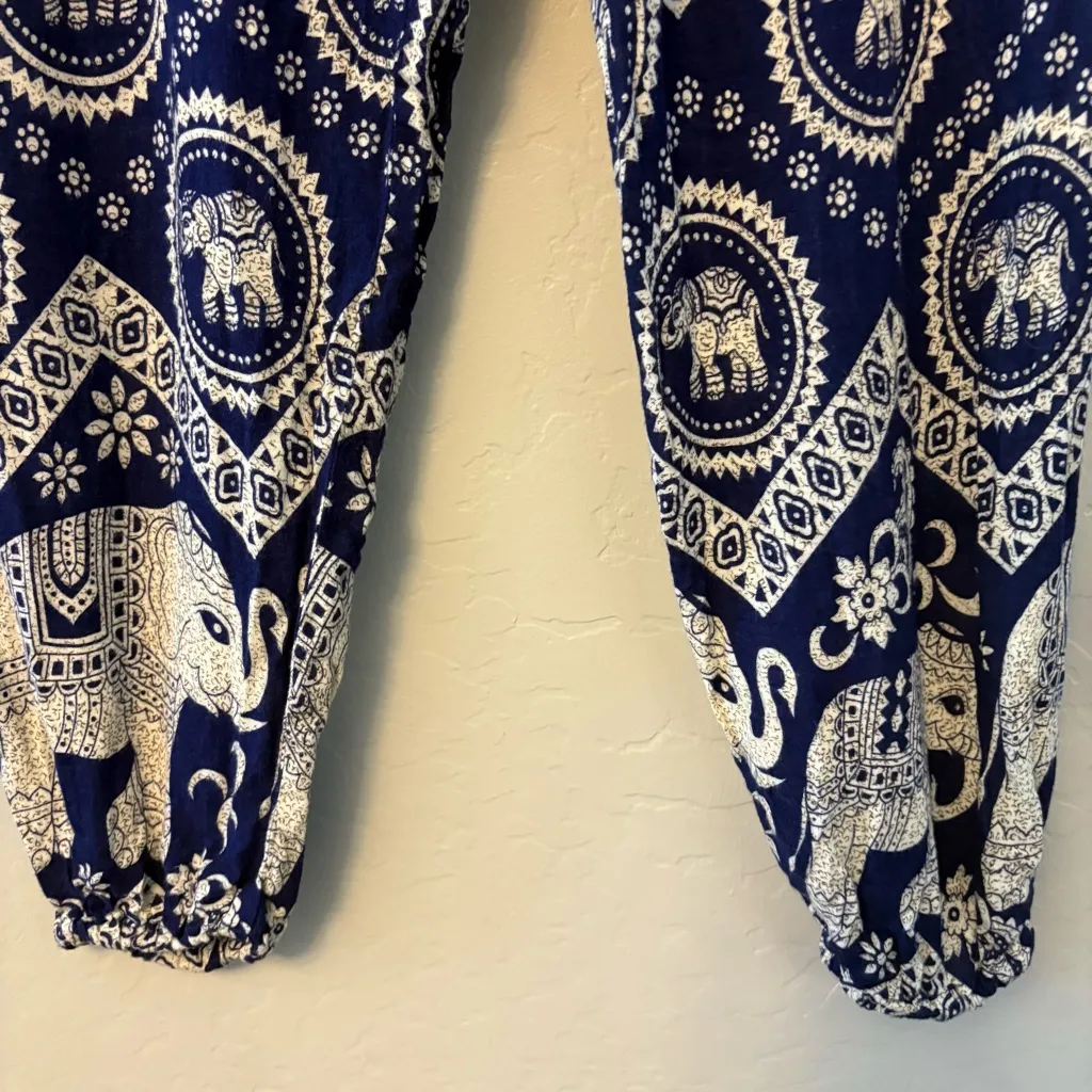 The elephant pants navy and cream elephant print harem 100% rayon pants small Blue - Image 4