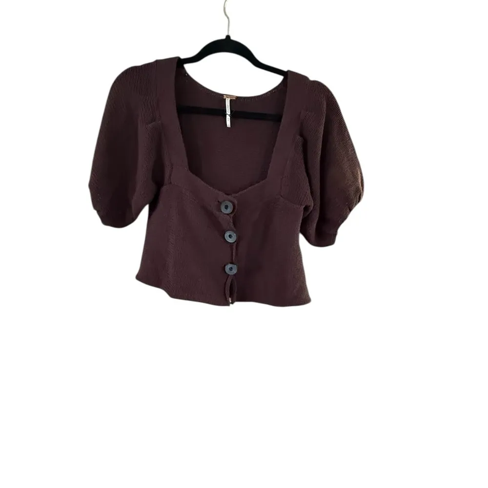 Free People Brown Puff Sleeve Button Down Crop Top - Image 8