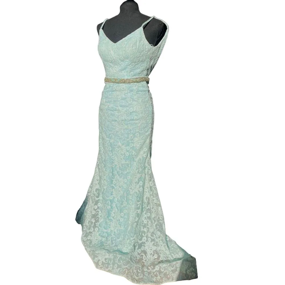 Blue Full Length Lace Overlay Sequins Long Formal Homecoming Dress Teen Womens 0 - Image 3