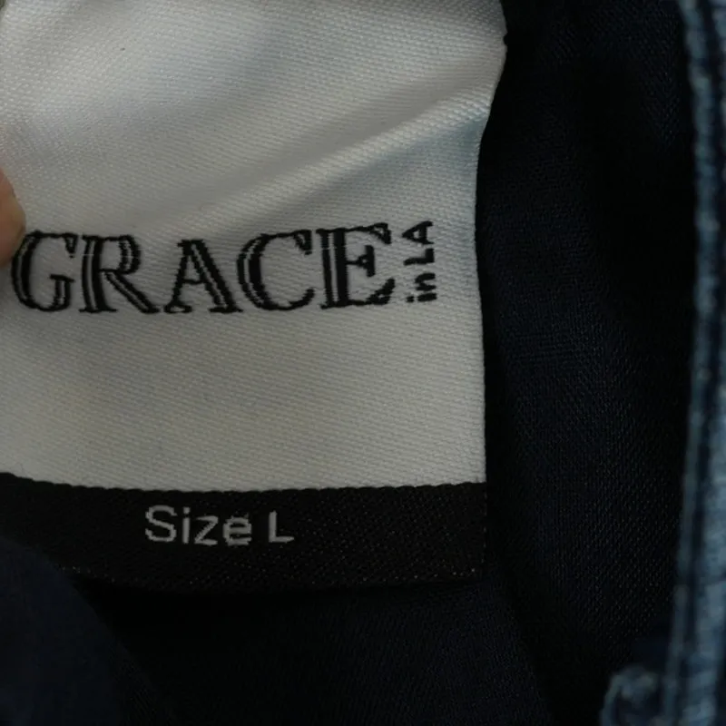 Grace in LA Skirt Womens L Embellished Rhinestone Peace Sign Designer Denim Jean Blue Size L - Image 7