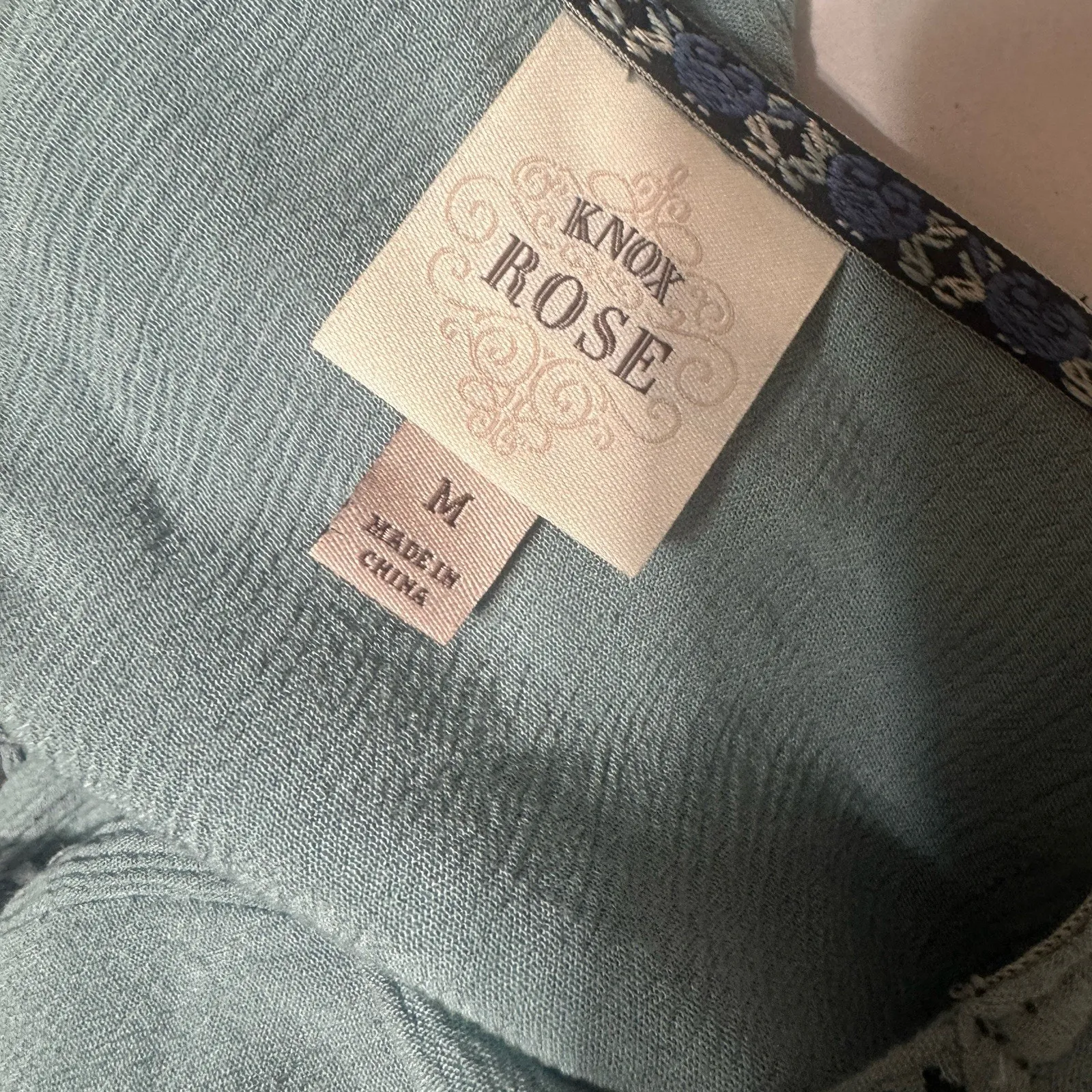 KNOX ROSE Sage Green Cardigan Jacket Embroidered Boho Tassel Sz M Crochet Trim - Image 6