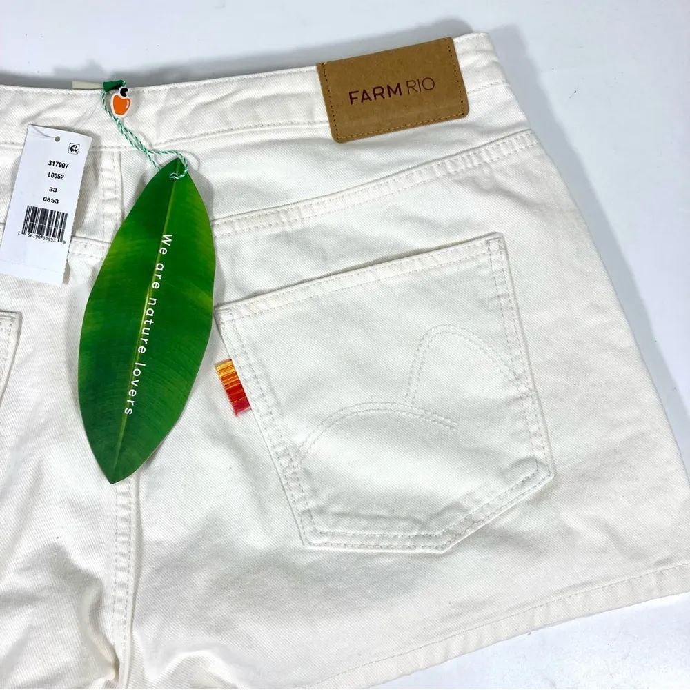 Farm Rio Crochet Detail Cotton Denim Shorts White Size 33 NWT - Image 10
