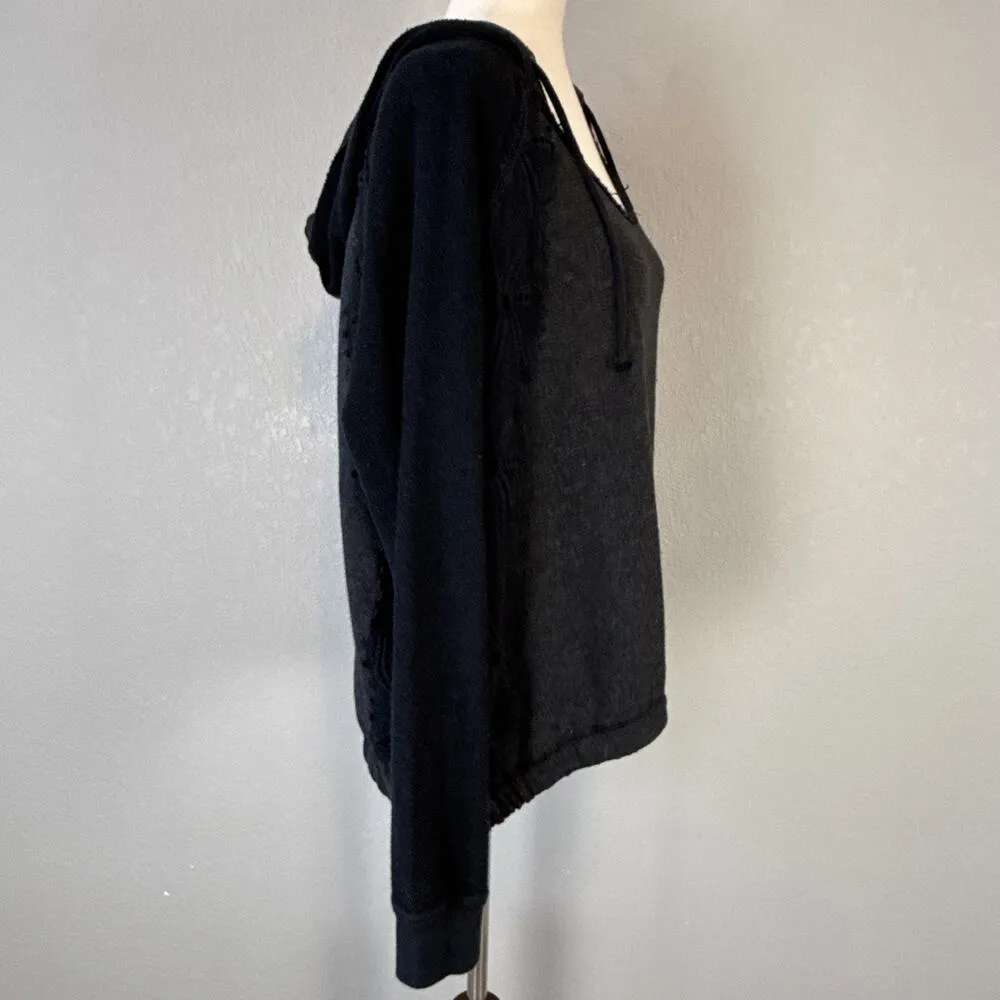 Free People Hooded Lace Inset Long Sleeve Sweater Size M Heather Black Cotton - Image 6