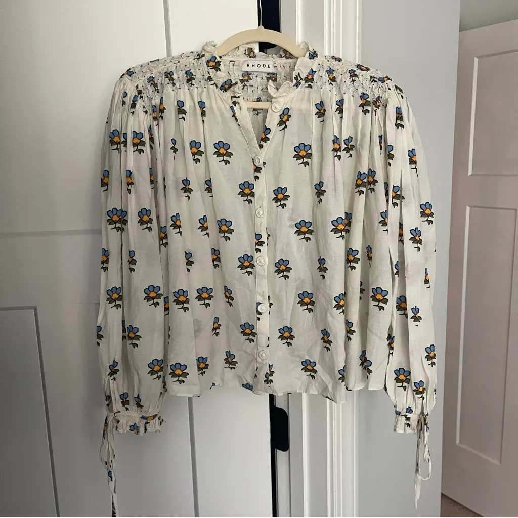 RHODE LOUISA TOP white long sleeve floral button down tie sleeves - Image 3