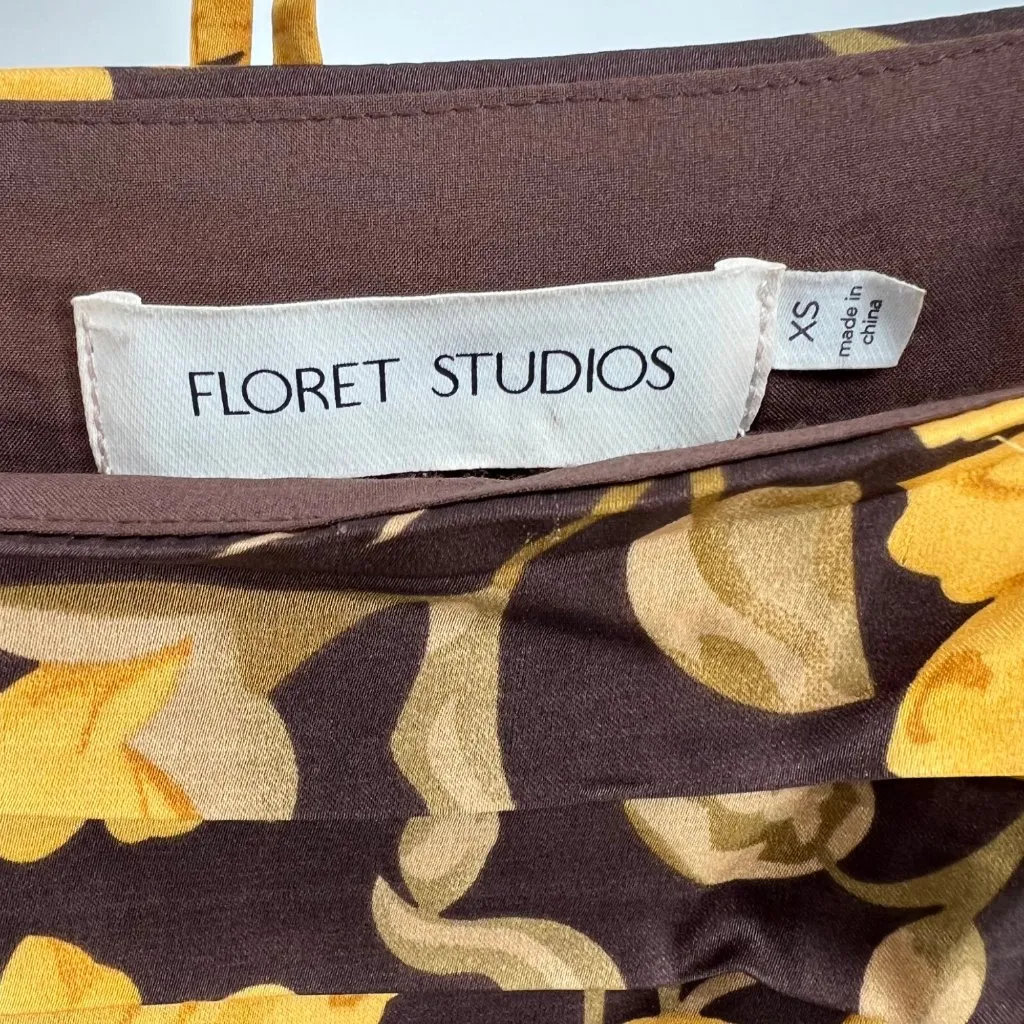 Floret Studios Floral Long Sleeve Ruched Square Neck Dress Yellow Brown XS NWOT - Image 11