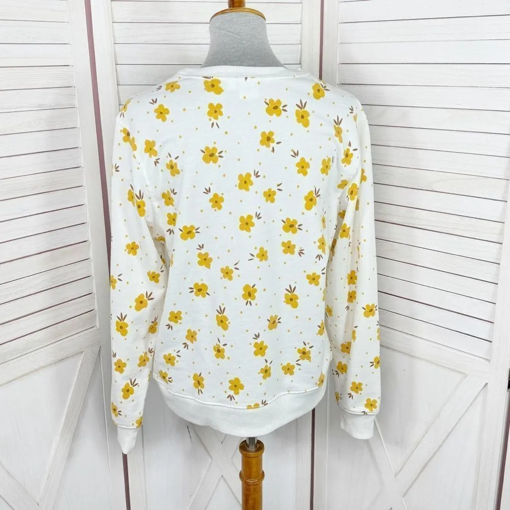 Disney Winnie The Pooh Sweet‎ As Honey Floral Sweatshirt White Yellow Medium - Image 4