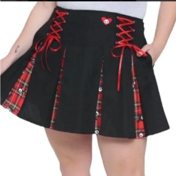 Hot Topic Skelanimals Plaid Contrast Pleated Skull Skirt Black Red ‎ Size SM - Image 2