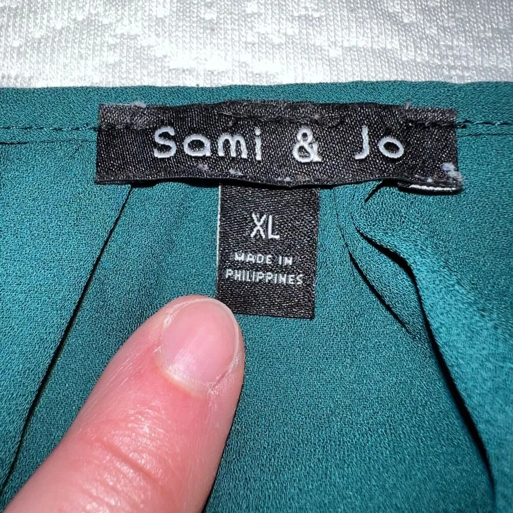 Sami and Jo Womens Blouse Top Shirt Green Pullover Balloon Sleeve V Neck XL - Image 5