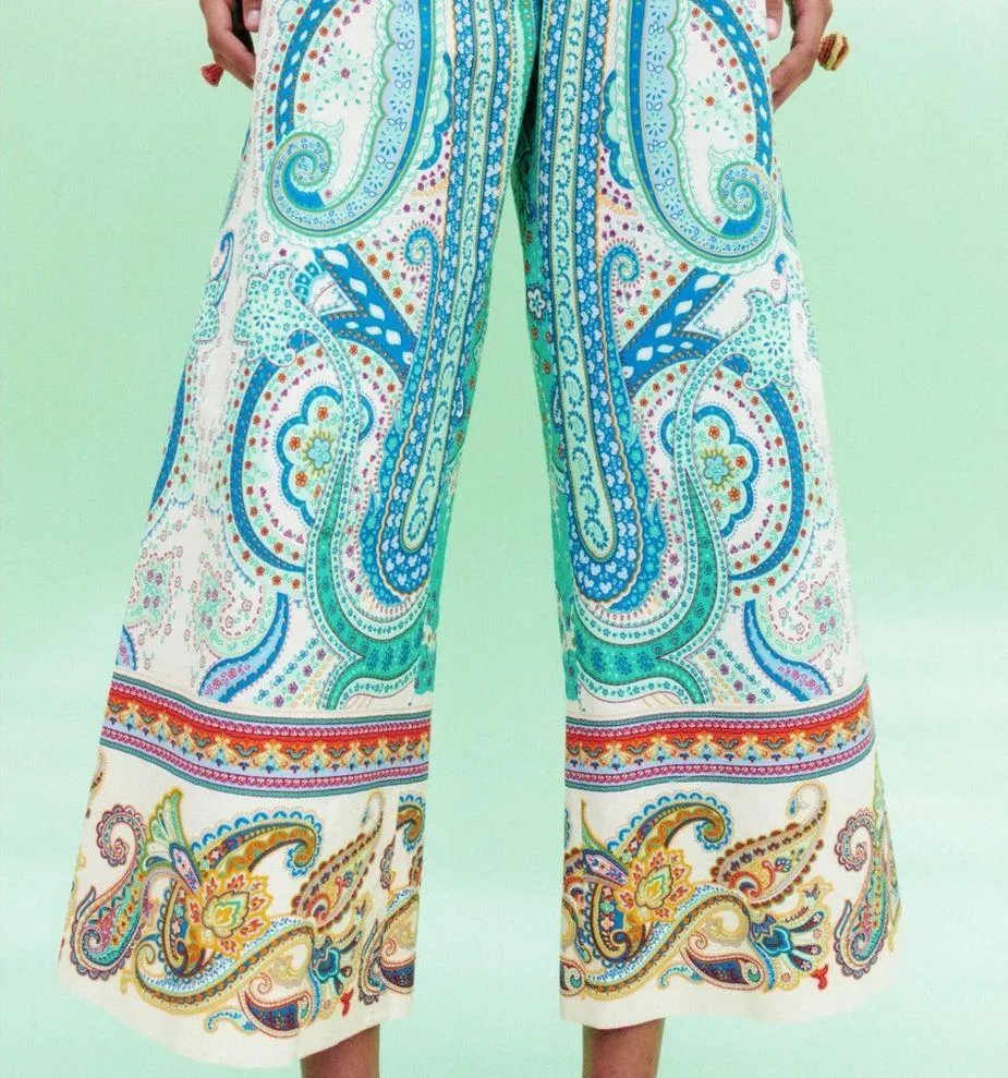 Zara PRINTED PANTS Mid-rise Wide Leg Blue NEW - Image 5