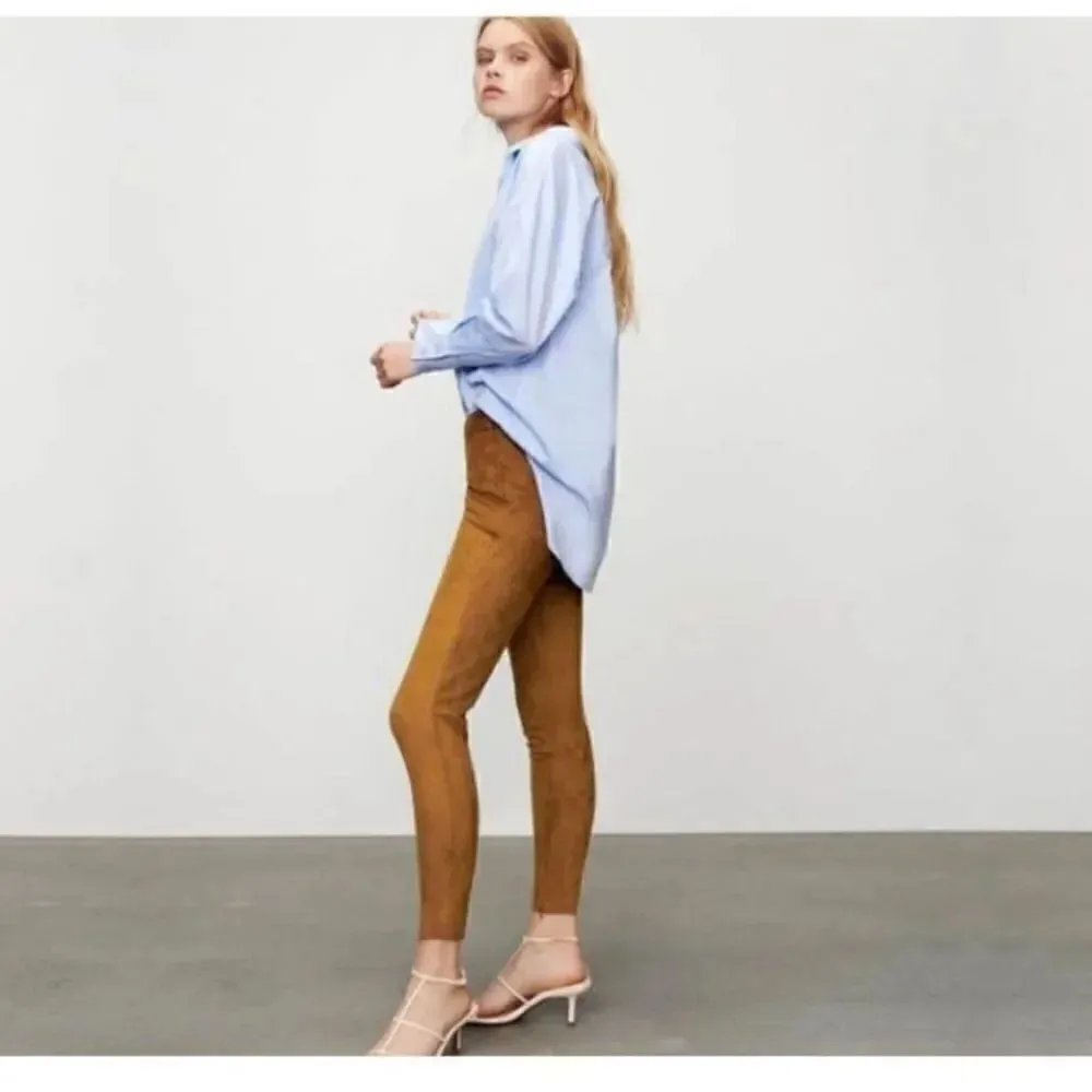 ZARA Faux Suede Legging
Trouser Medium Camel Brown Seamed Ankle-Zip SZ M #1128 - Image 2