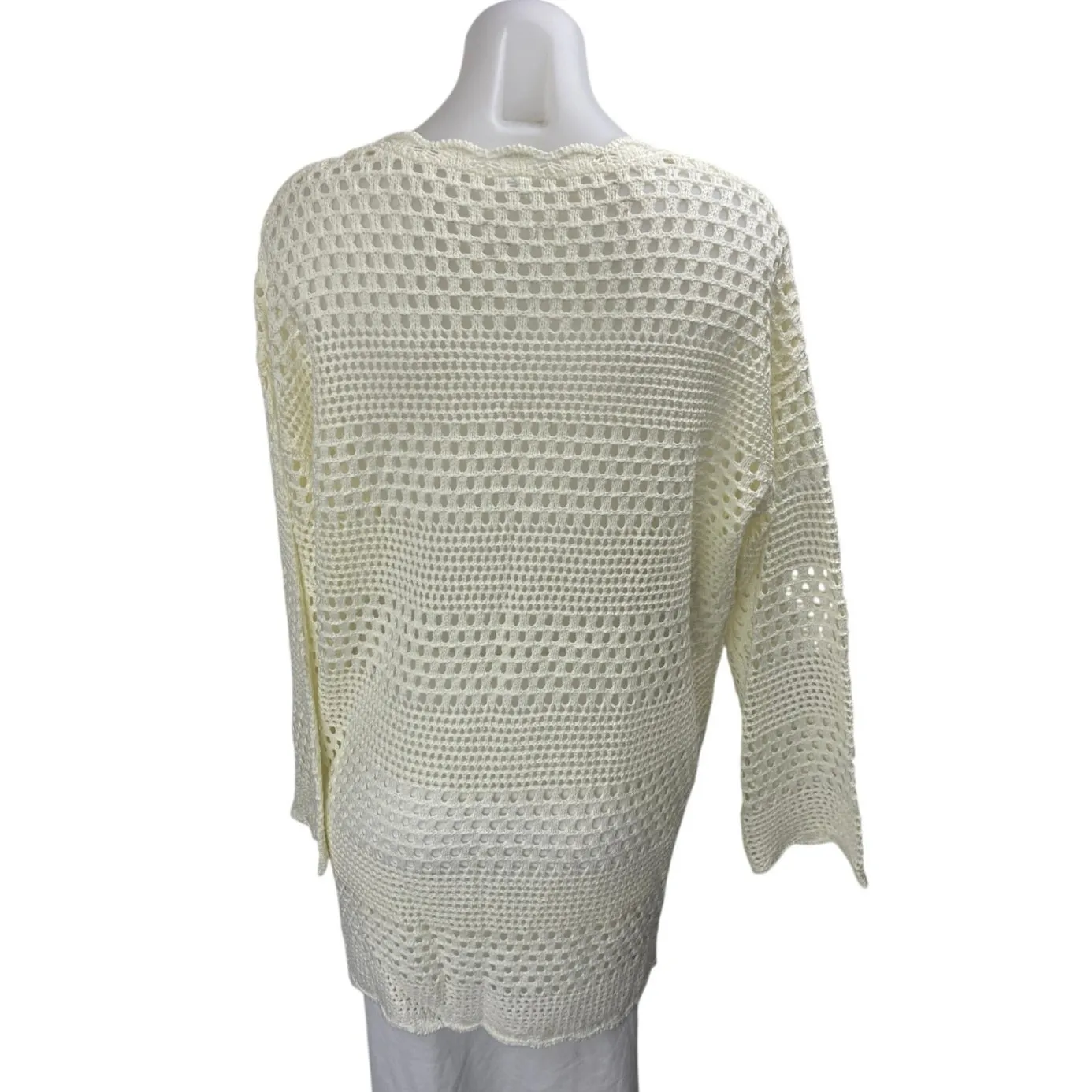 Women's Cream Open Knit Scallop Long Sleeve Tunic Dress Cover Up Sweater Size M Size M - Image 2