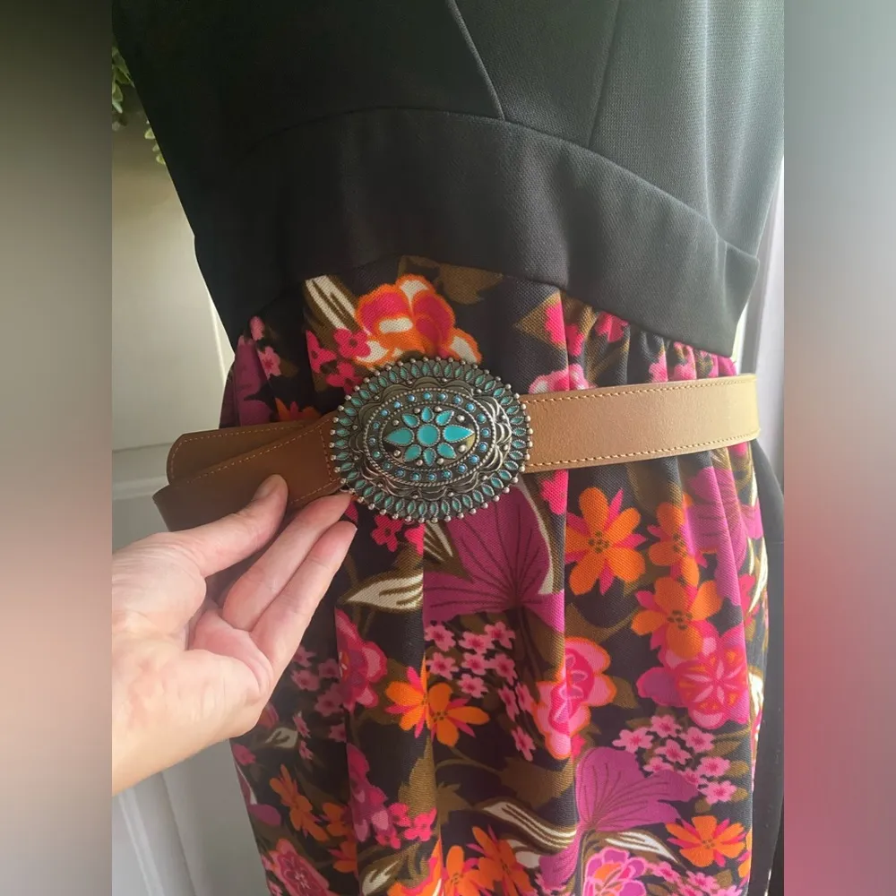 90s/Y2K western turquoise beaded buckle leather belt, size XL Brown - Image 8