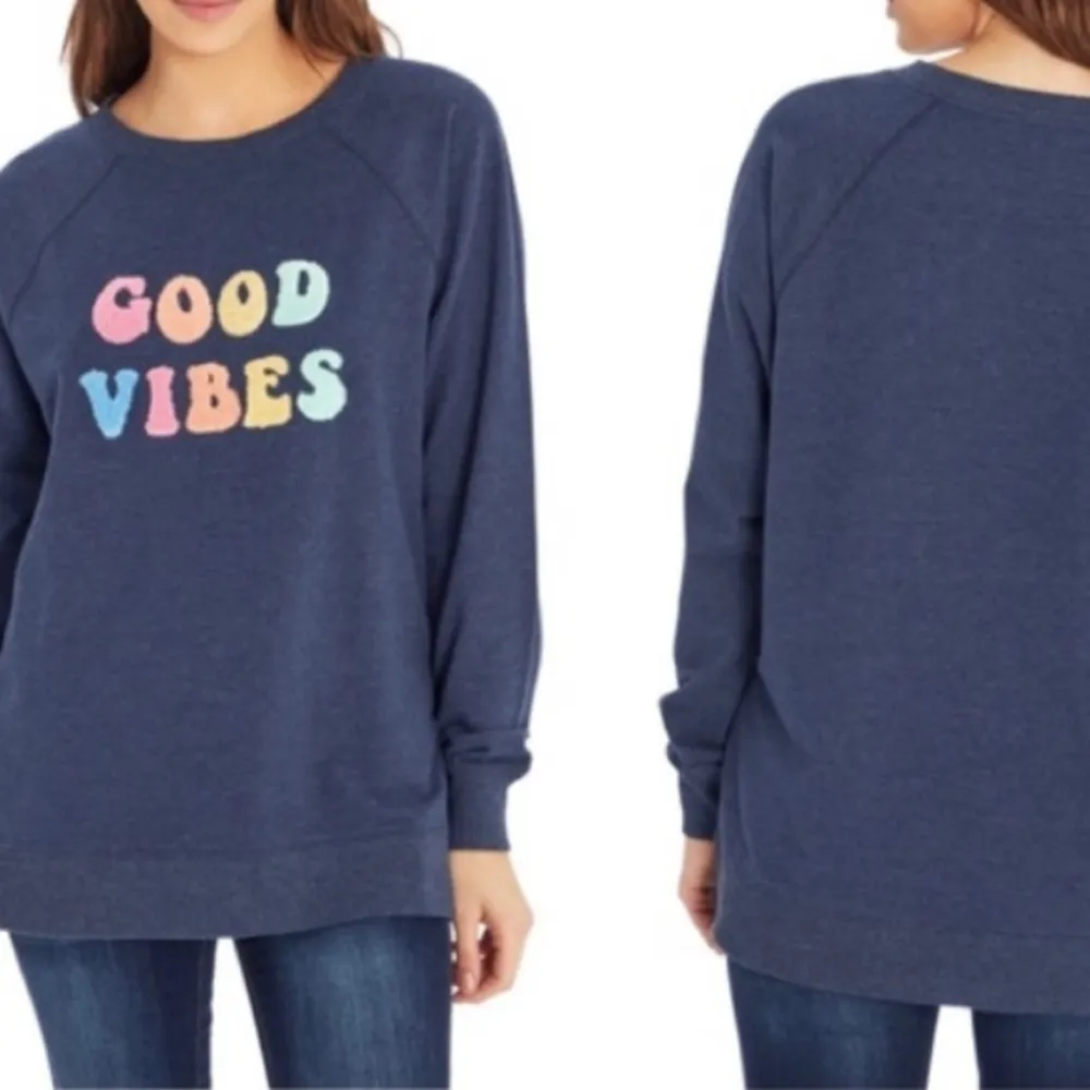 Wildfox Size XXL Navy Good Vibes Rainbow Spellout Crewneck Sweatshirt. - Image 5