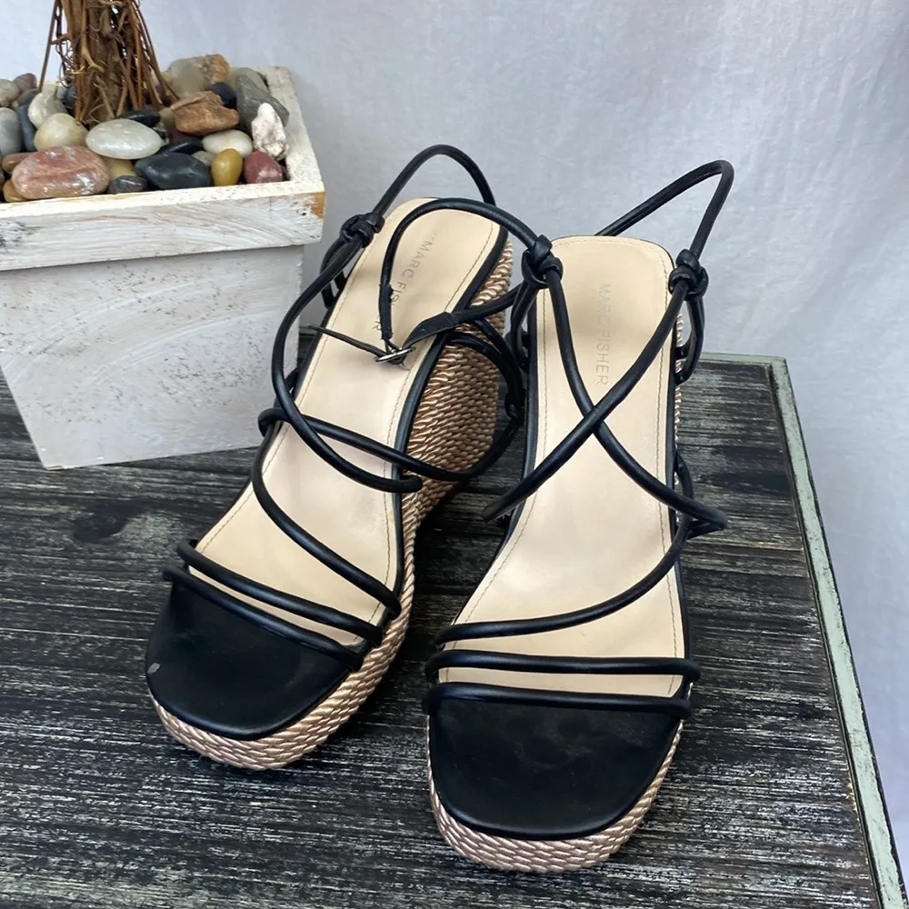 Marc Fisher Black & Tan Espadrille Wedge Strappy Ankle Wrap Heel Shoes 11 - Image 3