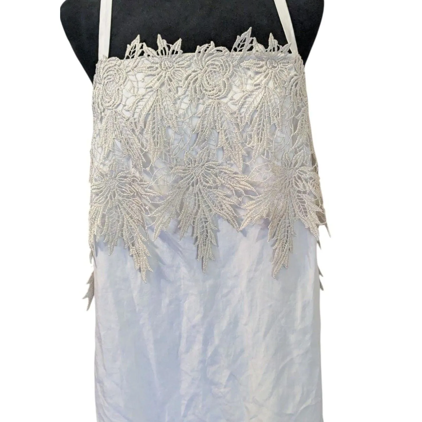 BCBGMAXAZRIA Halter Tunic Dress L Linen Tencel White Glam Boho Lace Overlay - Image 2